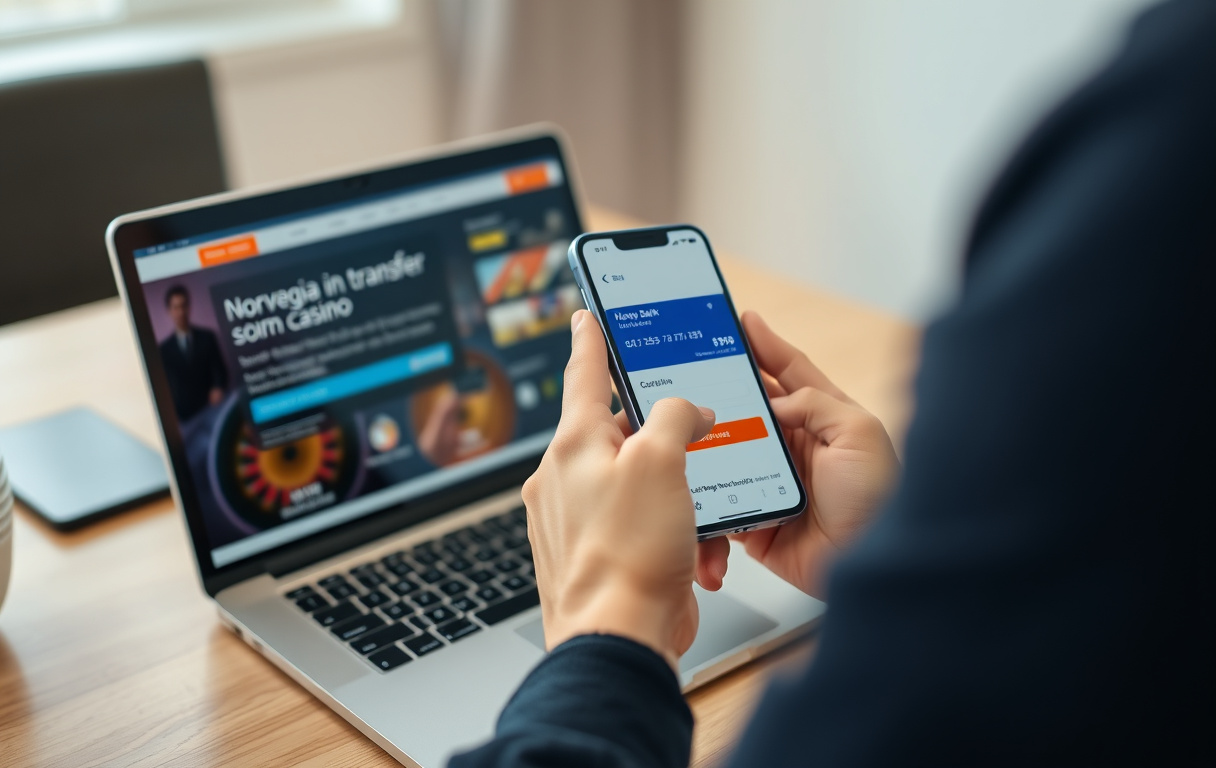 Norsk spiller som utfører bankoverføring fra mobilen til et nettcasino, med laptop i bakgrunnen.