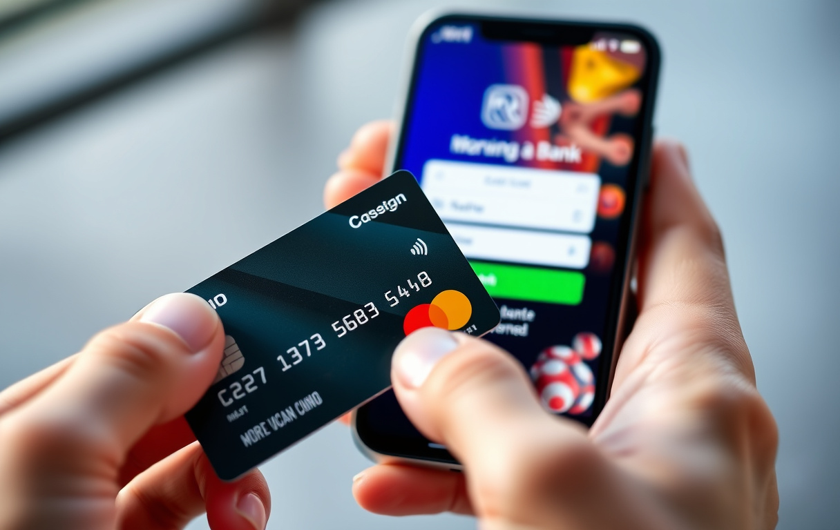 Hånd som holder Mastercard foran mobil med casino-kasse og BankID-skjerm.