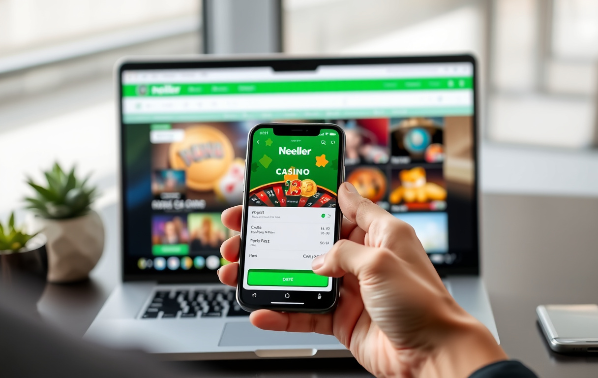 Person med mobiltelefon som viser Neteller-appen for casino-innskudd