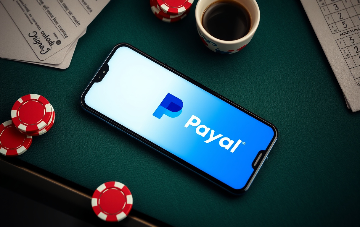 Smarttelefon med PayPal-logo liggende på et casino-bord med sjetonger og kaffekopp.