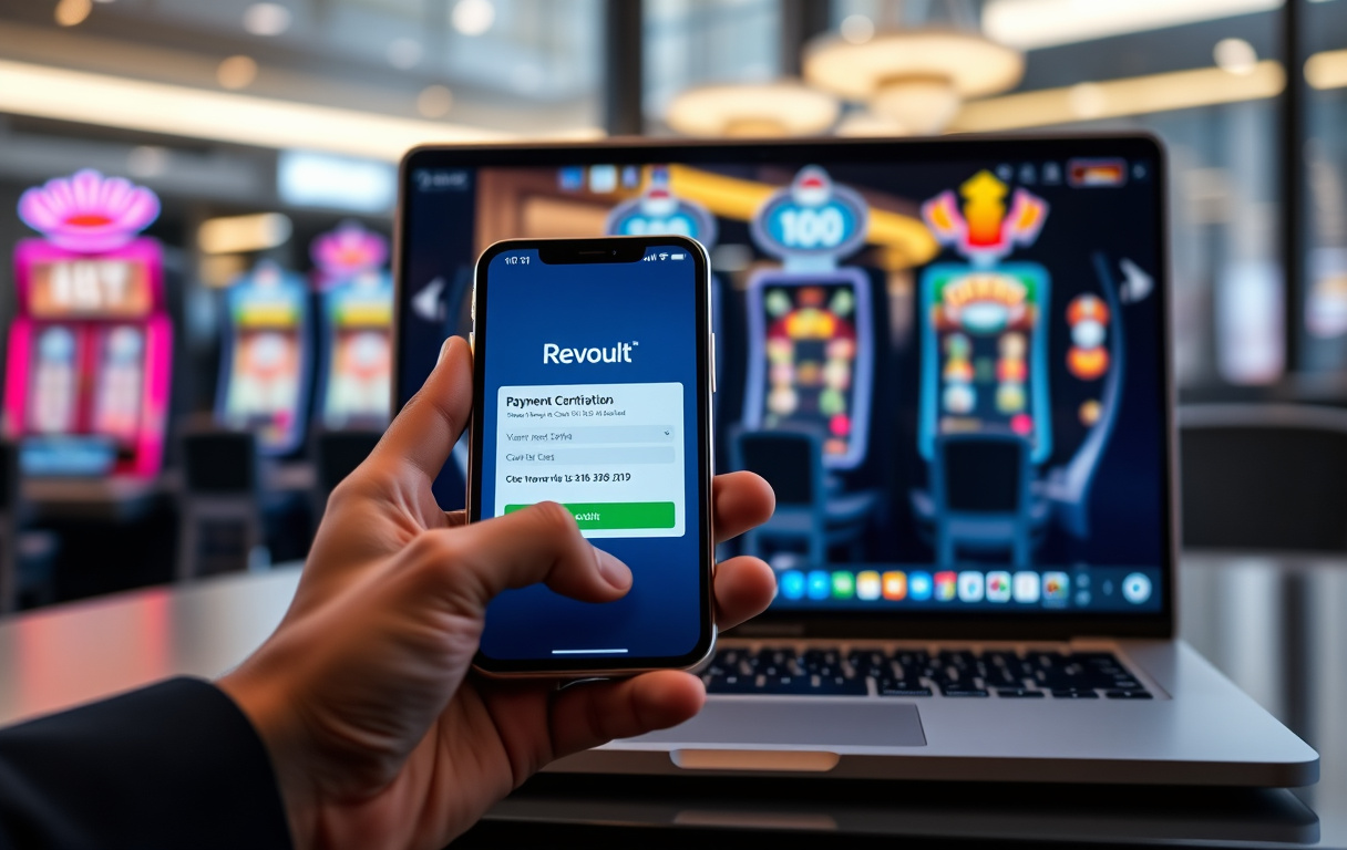 Hånd med mobiltelefon som viser Revolut-appen med betalingsbekreftelse, foran en laptop med casinospill.