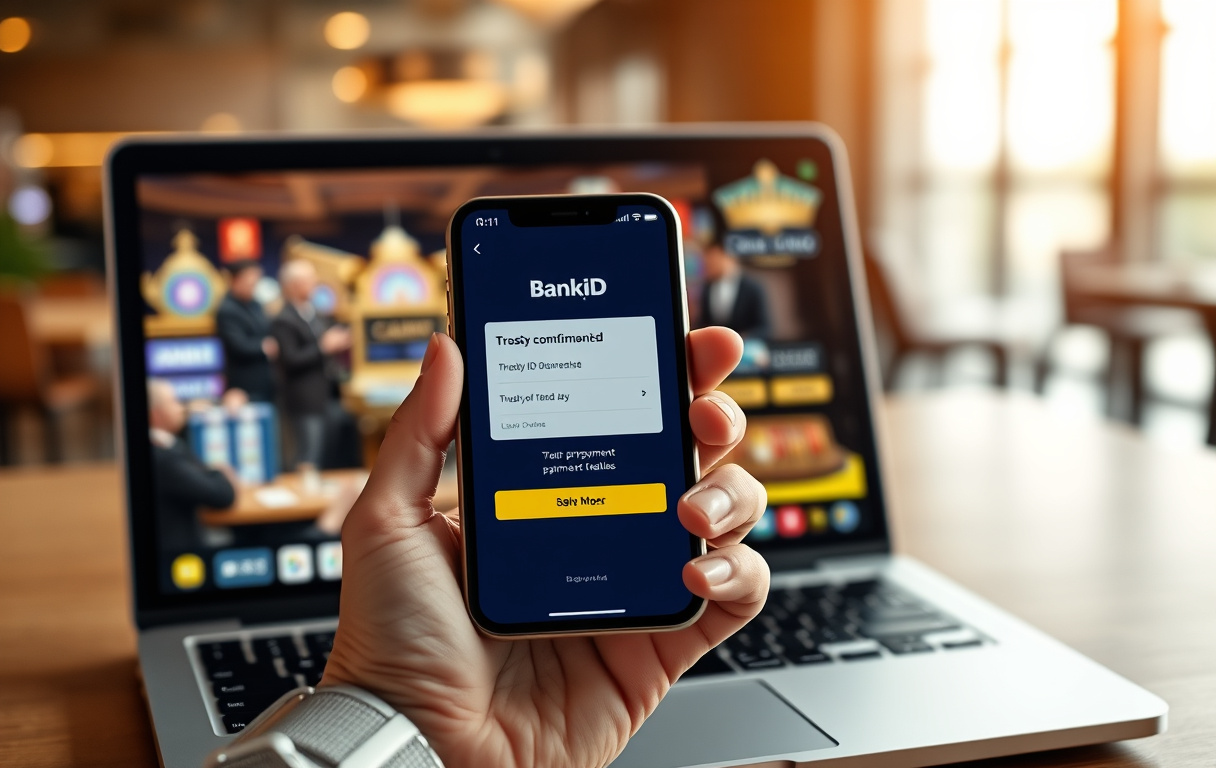 Person som bruker BankID på mobil for å godkjenne en Trustly-betaling på et online casino.