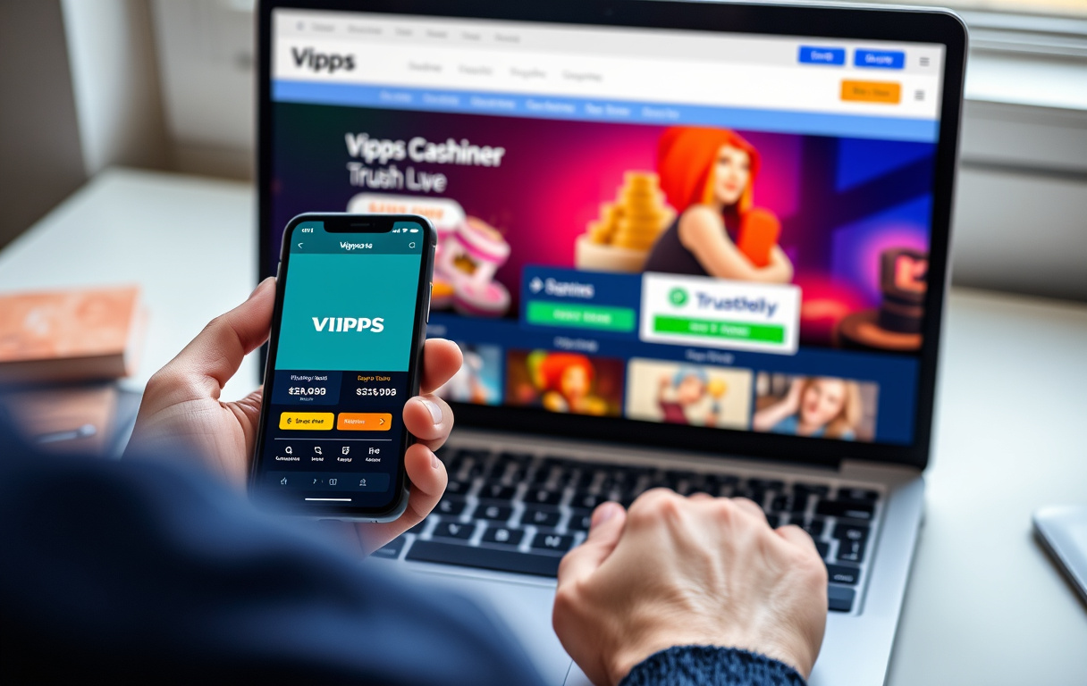 Person med Vipps-app på mobilen foran en laptop med casinoinnskuddsside