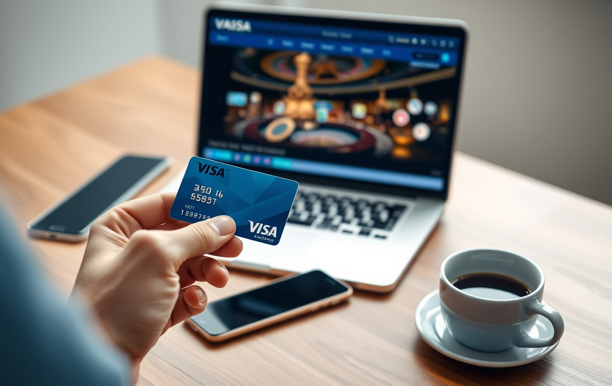 En hånd som holder et Visa-kort foran en bærbar PC med et casino åpent på skjermen.