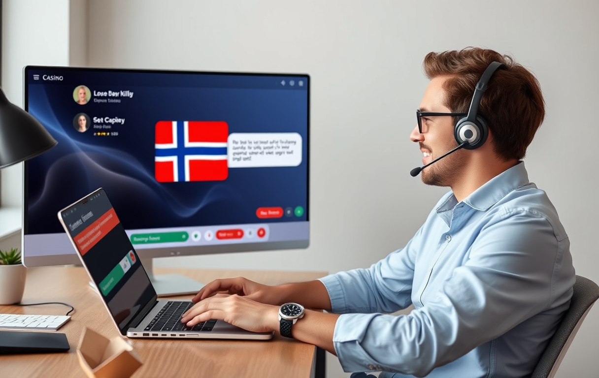 Norsk spiller i samtale med casino kundeservice via live chat på PC.