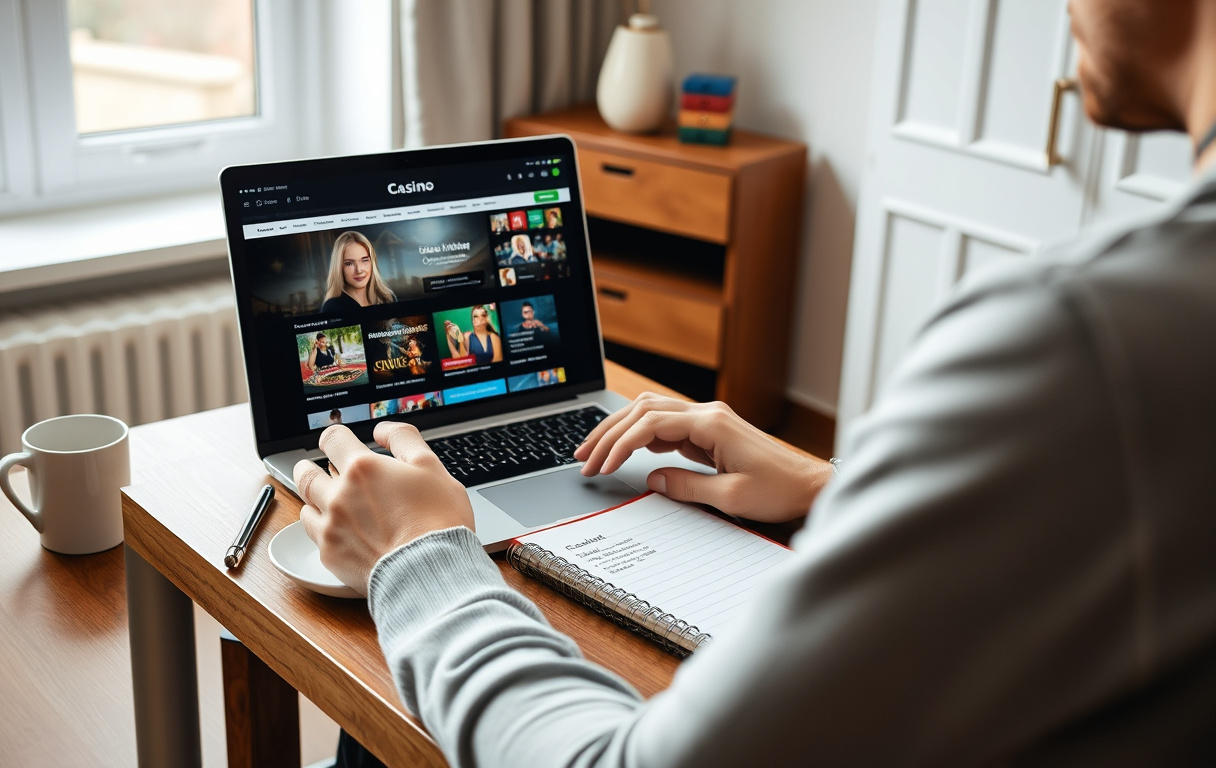 Person som sammenligner casinoer med lavt innskudd på laptop
