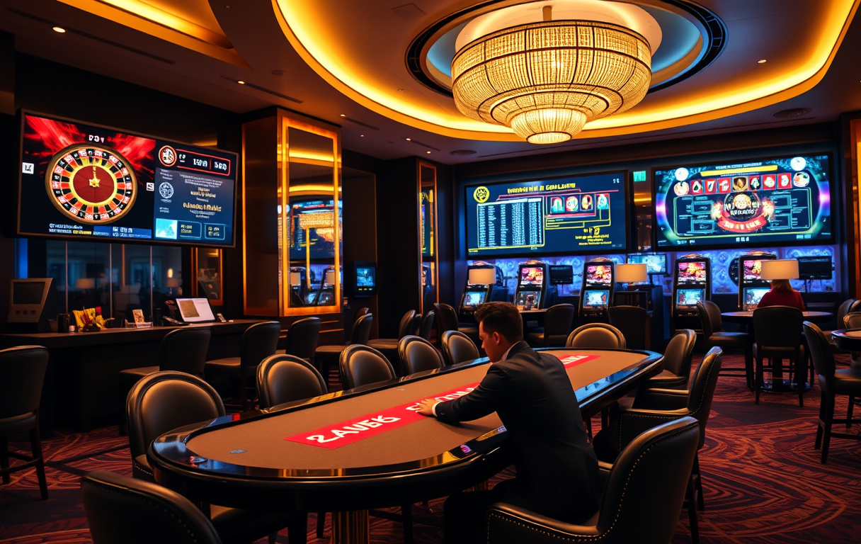 Highroller Casino – stilrent high roller-miljø med spillebord og skjermer.