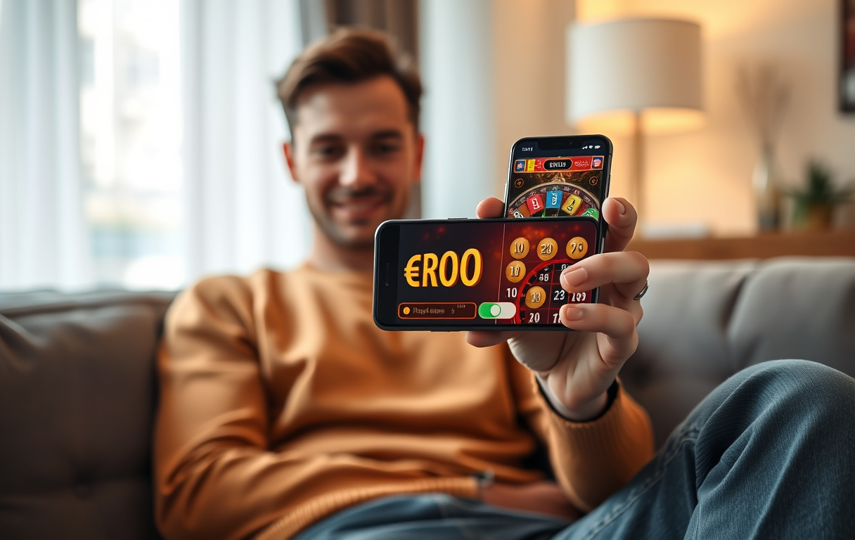 Person som spiller på mobil med norske kroner på skjermen