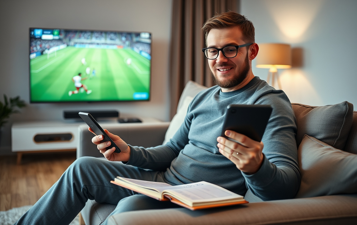 En mann som analyserer odds fra nye bettingsider på mobil og nettbrett med fotballkamp på TV.