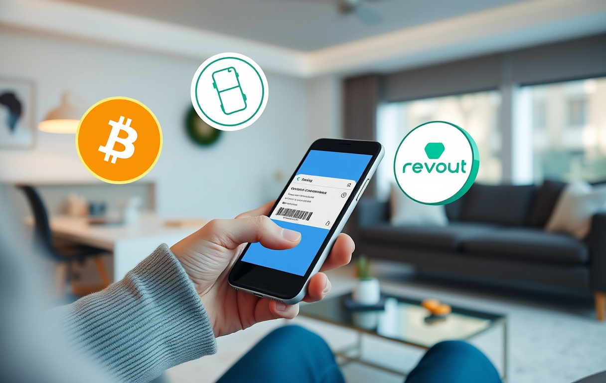 Person som mottar rask utbetaling på mobil med crypto- og e-lommebokikoner.