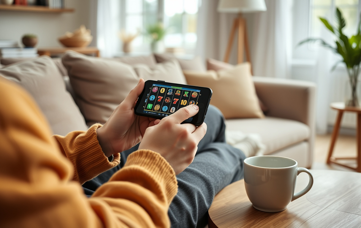 Person som spiller casinospill på mobilen i en stue